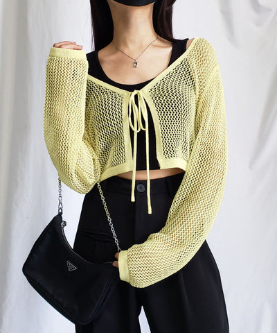 【 ２WAY／６color 】華奢リボンメッシュワイドショートカーディガン