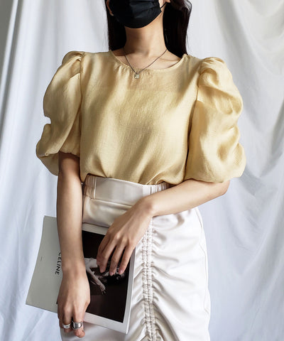 【 5color 】シャーリングパフスリーブグロッシーシアーブラウス