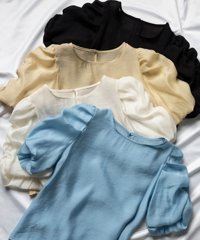 【 5color 】シャーリングパフスリーブグロッシーシアーブラウス