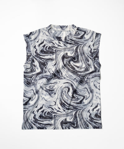 【 ５color 】総柄マーブルシアースタンドノースリーブトップス ／ marble sheer stand nosleeve tops