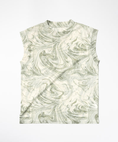 【 ５color 】総柄マーブルシアースタンドノースリーブトップス ／ marble sheer stand nosleeve tops
