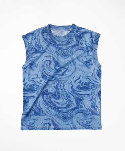 【 ５color 】総柄マーブルシアースタンドノースリーブトップス ／ marble sheer stand nosleeve tops
