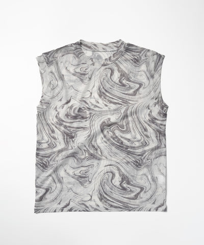 【 ５color 】総柄マーブルシアースタンドノースリーブトップス ／ marble sheer stand nosleeve tops