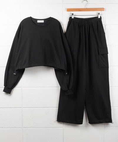 【 裏毛 ＆ 裏起毛 選べる２素材／スウェットセットアップ 】裏毛ショートプルオーバー×ワイドスウェットパンツ（裾絞り可能）