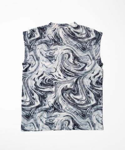 【 ５color 】総柄マーブルシアースタンドノースリーブトップス ／ marble sheer stand nosleeve tops