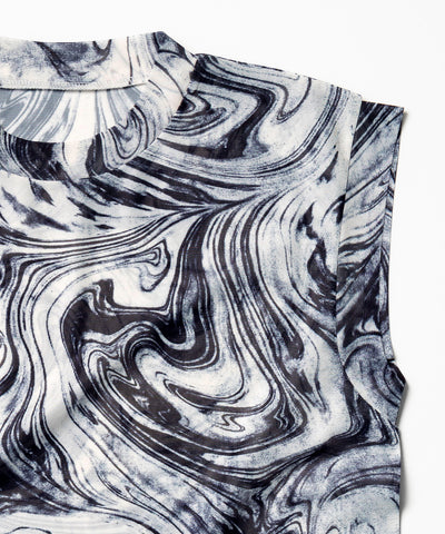 【 ５color 】総柄マーブルシアースタンドノースリーブトップス ／ marble sheer stand nosleeve tops